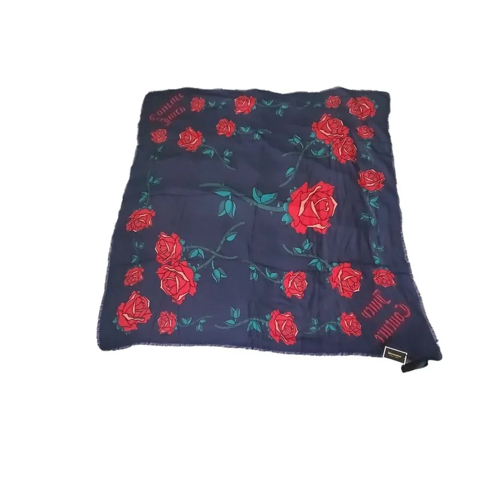 Juicy Couture Womens scarf Rose Square 38 x 38 approximate dark blue color Nwt